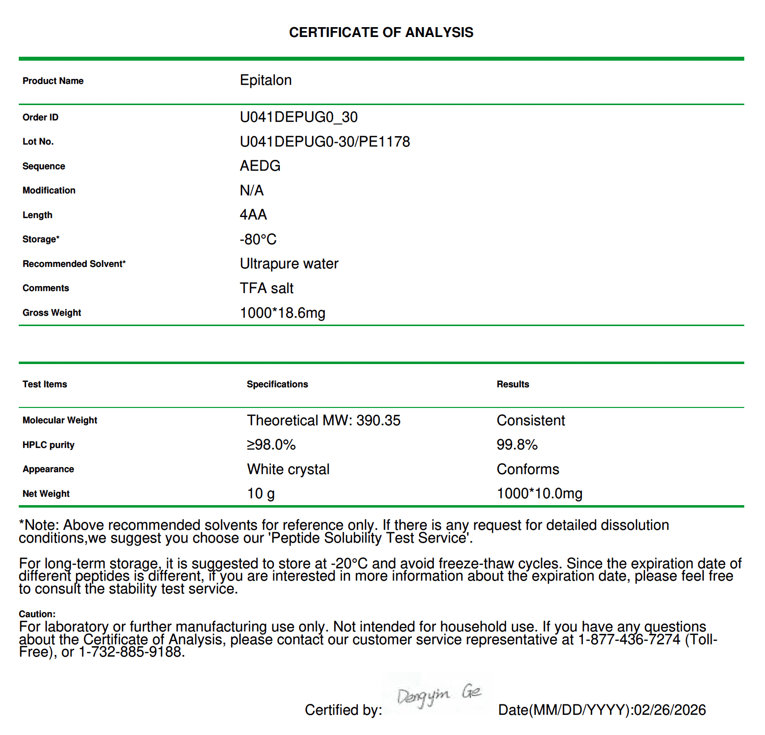 Epitalon Certificate of Analysis