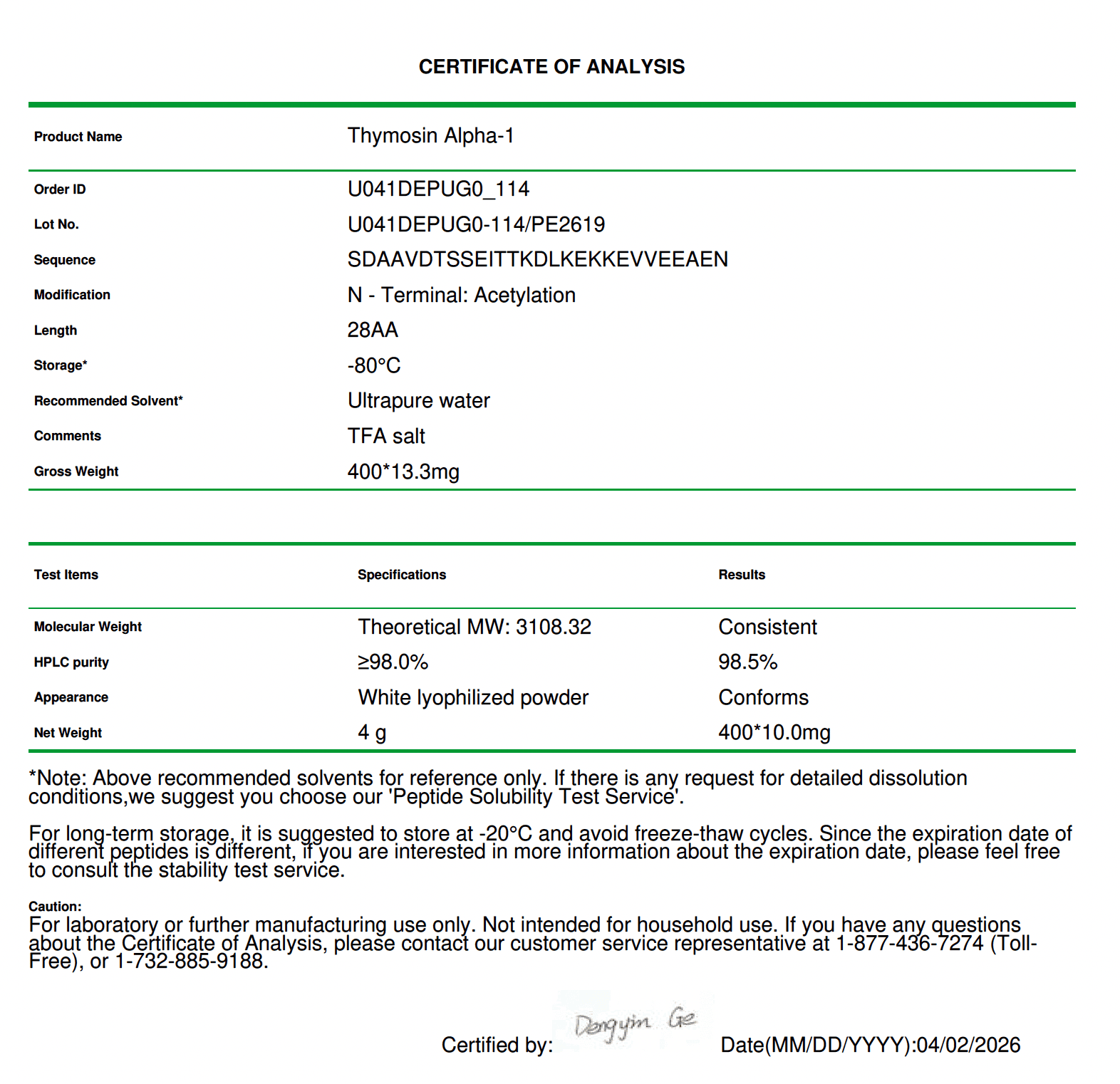 Thymosin Alpha-1 Certificate of Analysis